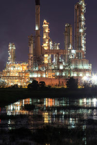 Illuminated factory by river against sky at night