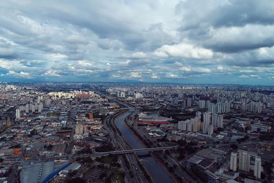 High angle view of city street against sky