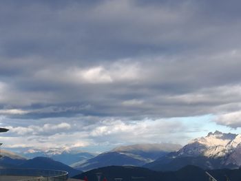 Scenic view of mountains against cloudy sky