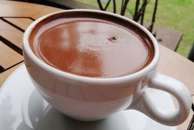 High angle view of coffee cup on table