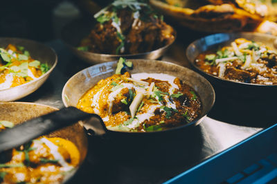 High angle view of food served on table