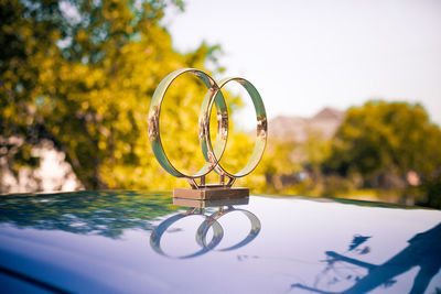 Two wedding rings decorations for the car on a blurred background of greenery of the park