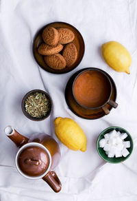 High angle view of breakfast on table