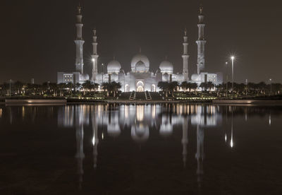 Reflection of illuminated buildings in lake at night