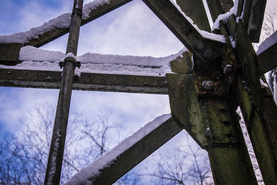 Low angle view of snow on tree against sky