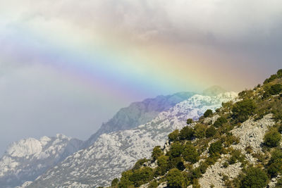 Scenic view of rainbow over mountains against sky