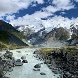 Scenic view of snowcapped mountains against sky and river 