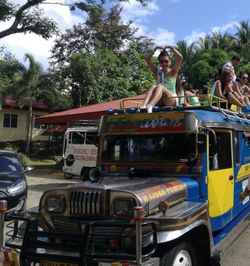 High angle view of people in bus