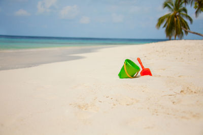 Toy on beach against sky