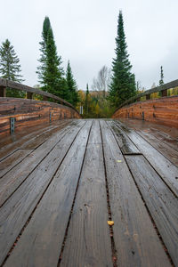 Surface level of boardwalk on footpath against sky