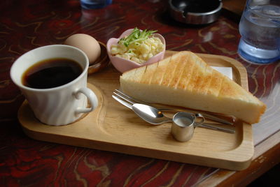 High angle view of breakfast on table