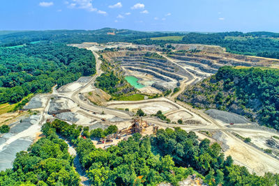 High angle view of trees on landscape against sky