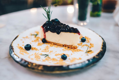 Close-up of cake in plate on table