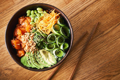 High angle view of meal served in bowl on table