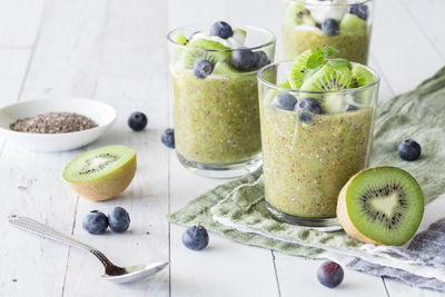 Creamy kiwi chia pudding parfaits ready for eating.