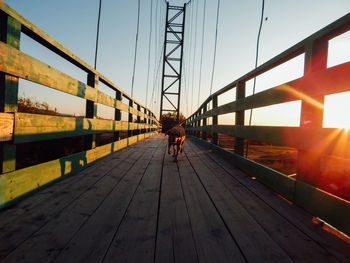 Rear view of man walking on bridge against sky during sunset