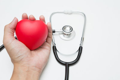 Close-up of hand holding red over white background