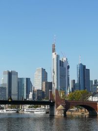 Modern buildings by river against clear sky