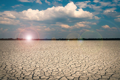 Surface level of barren land against sky