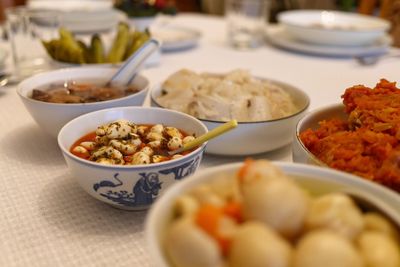 Close-up of food served on table