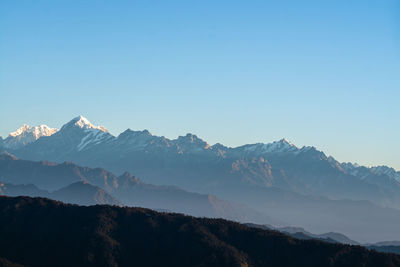 Scenic view of snowcapped mountains against clear blue sky