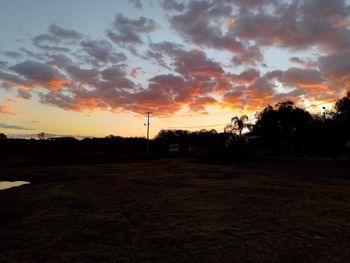 Silhouette trees on field against sky during sunset