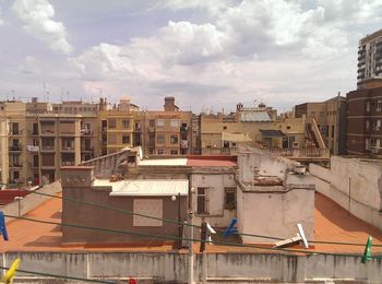High angle view of buildings against sky