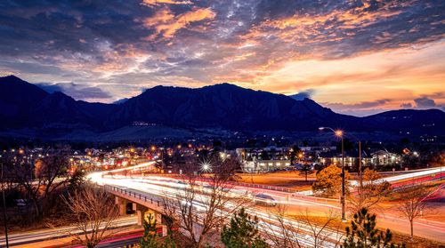 Long exposure of boulder, colorado with mountains in background