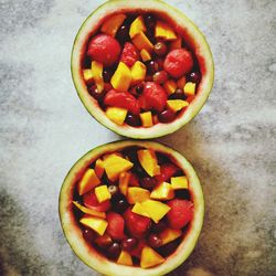 High angle view of fruits in bowl on table