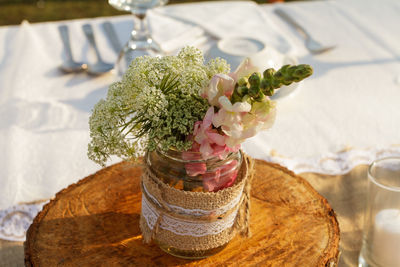 High angle view of rose bouquet on glass table