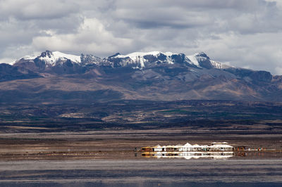 Scenic view of snow covered mountains against sky