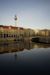 Reflection of television tower in berlin in river spree at museum island 