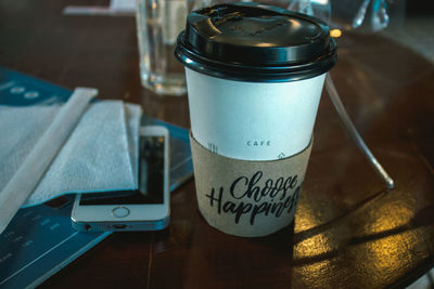 Close-up of coffee cup on table