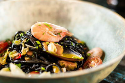 Close-up of seafood served food in bowl