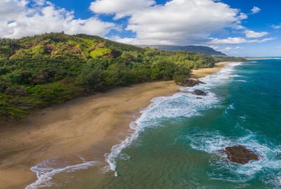 Aerial panoramic image off the coast over lumaha'i beach on hawaiian island of kauai 