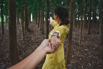 Couple holding hands in the midst of forest