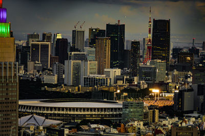 Illuminated buildings in city at night