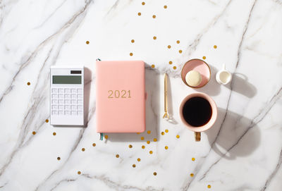 High angle view of coffee cup on table