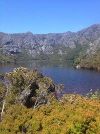 Scenic view of lake against clear sky