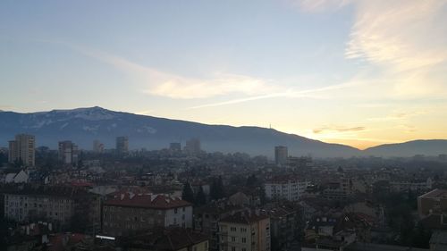 High angle view of townscape against sky during sunset