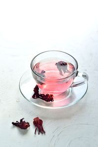 High angle view of drink in glass on table