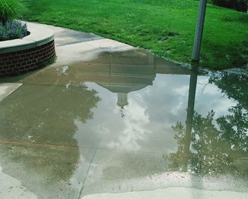 High angle view of swimming pool by lake