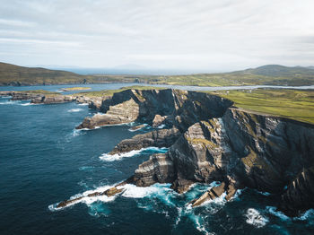 Aetial view of the kerry cliffs in southern ireland just after sunrise 