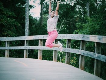 Girl walking on wooden steps