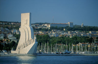 Panoramic view of river and buildings against clear sky