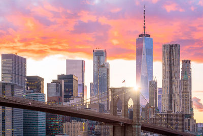 Modern buildings against sky during sunset