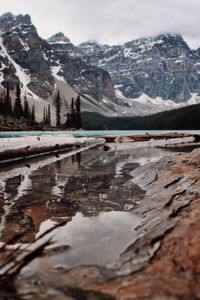 Scenic view of snowcapped mountains by lake against sky