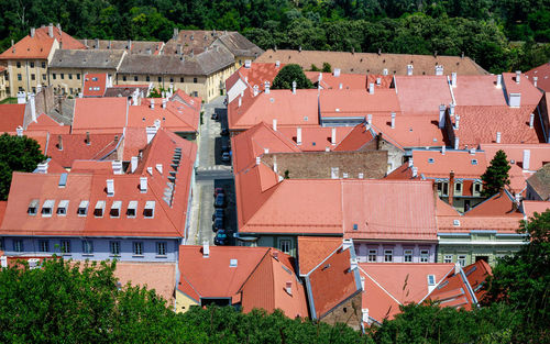 High angle view of buildings in town