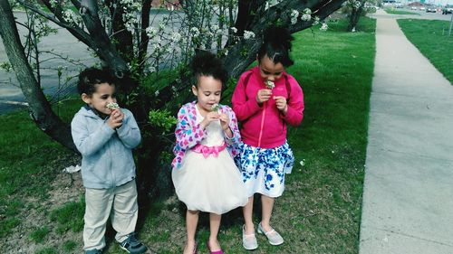 Children smelling flower while standing at grassy field