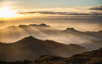 Scenic view of mountains against sky during sunset